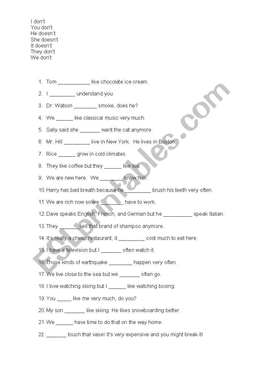 worksheet for don´t and doesn´t - ESL worksheet by ants