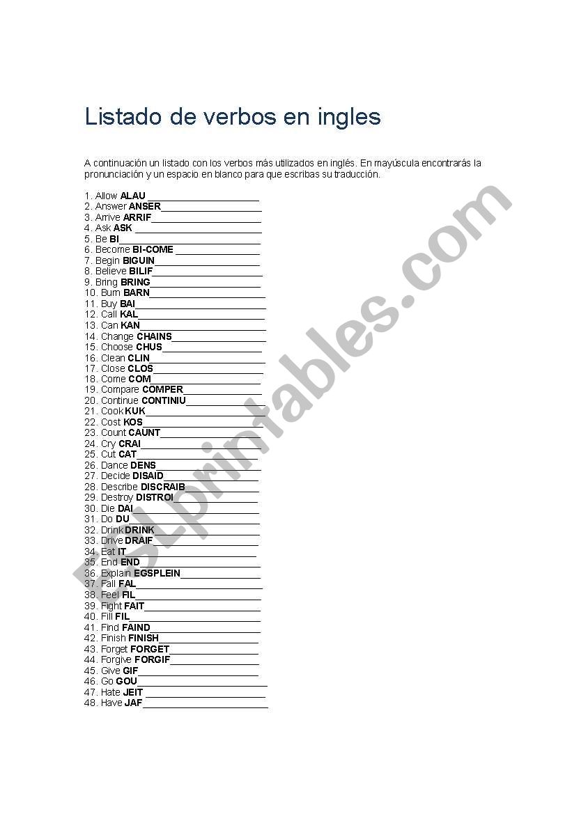 List of verbs in English worksheet