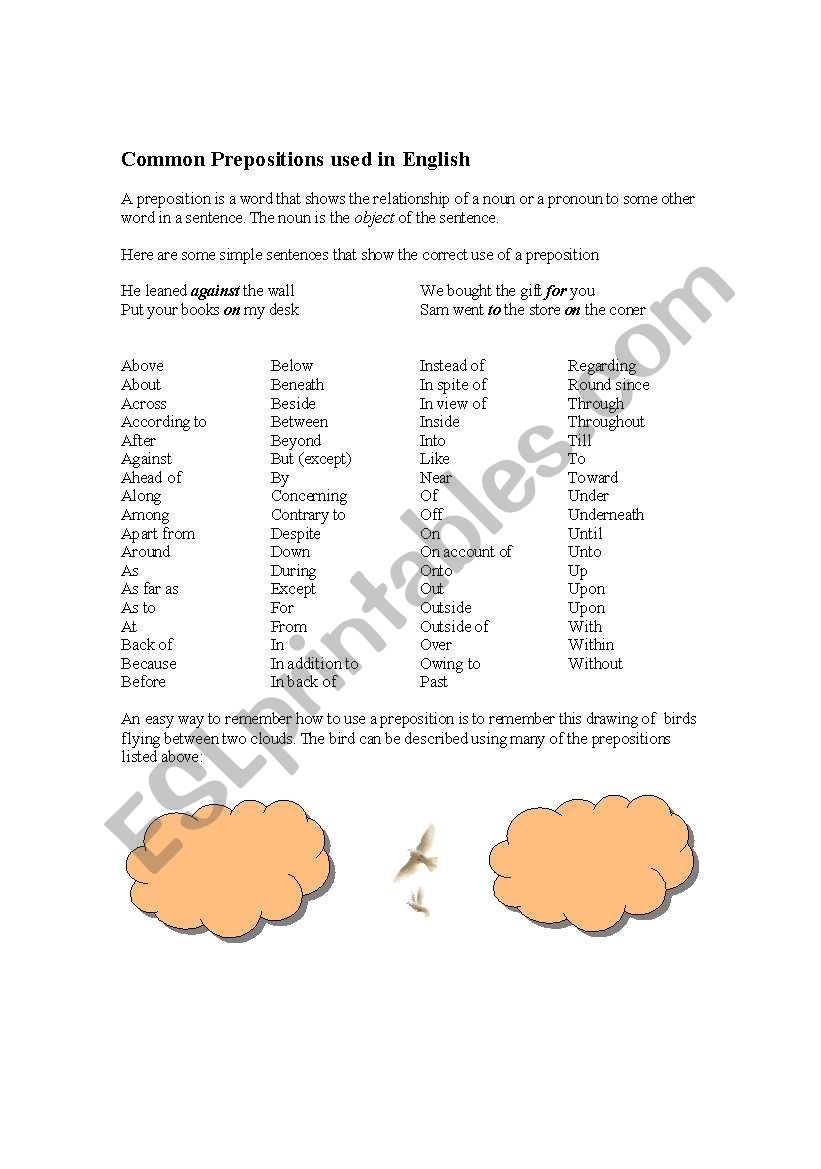 Prepositions Guide worksheet