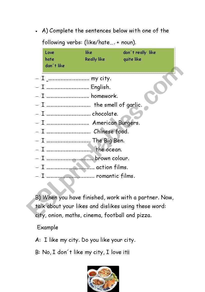 likes and dislikes worksheet