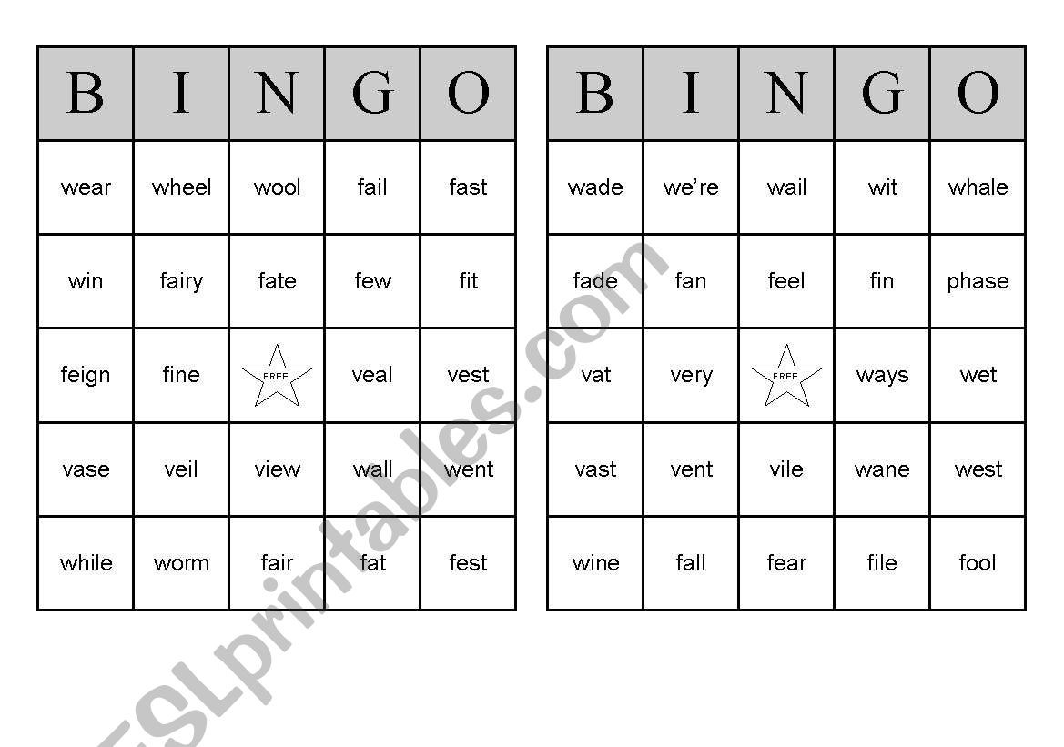 Pronunciation Bingo:  V-F-W worksheet