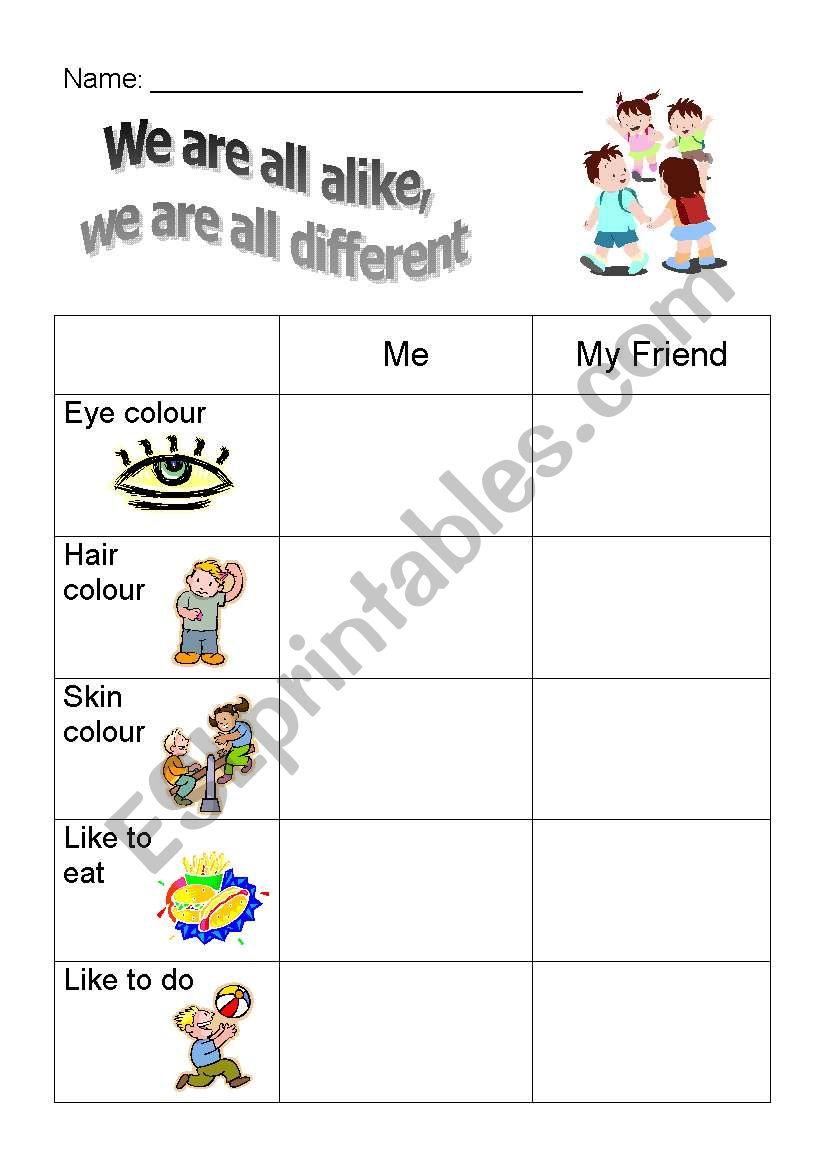 Me and my friend worksheet