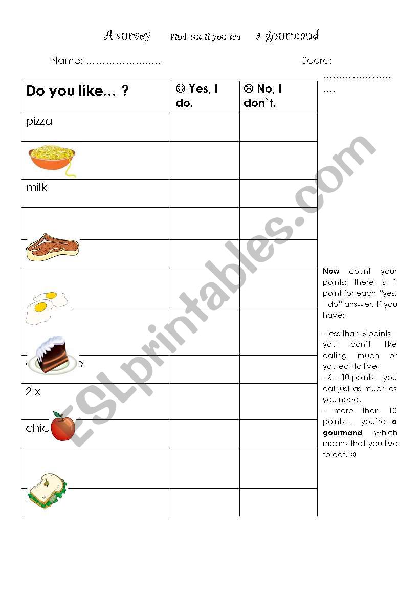 a food questionnaire worksheet