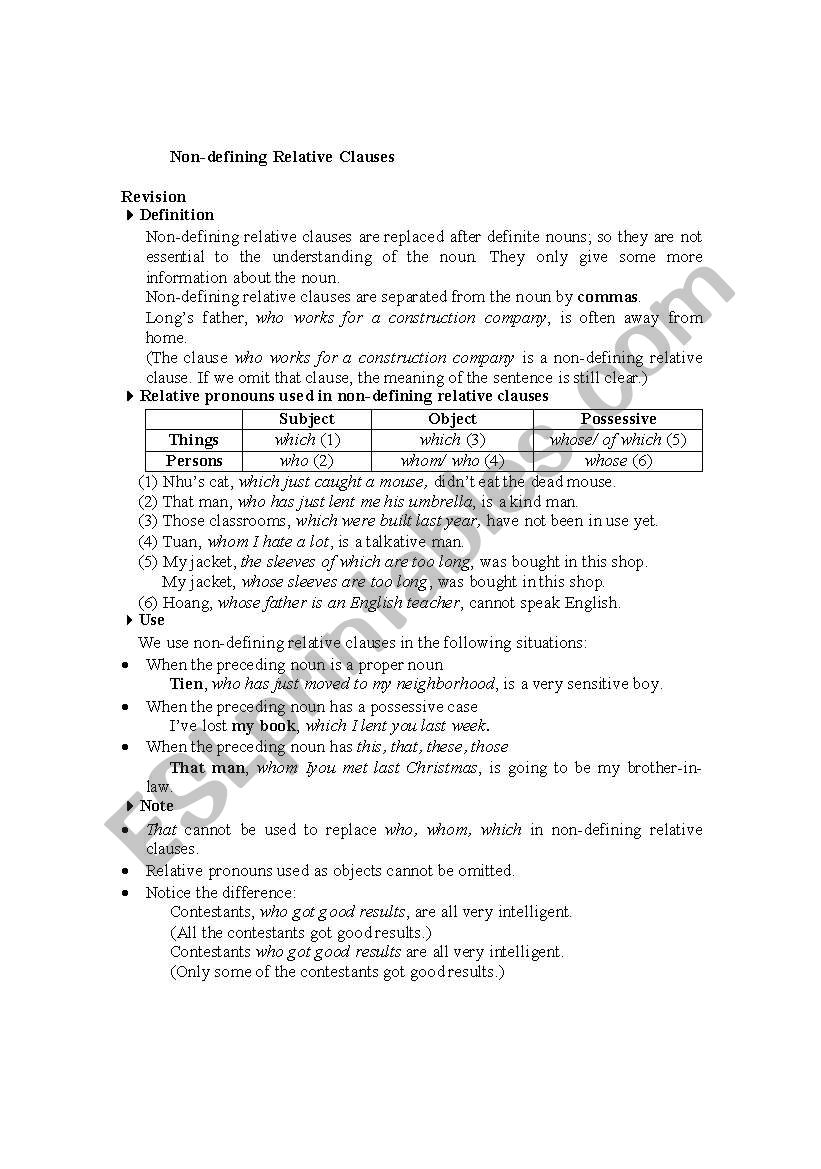 Non-defining Relative Clauses worksheet