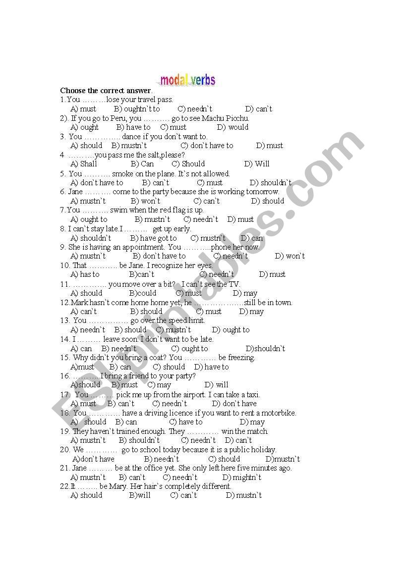 Modal Verbs multiple Choice Exercises ESL Worksheet By Teacher D