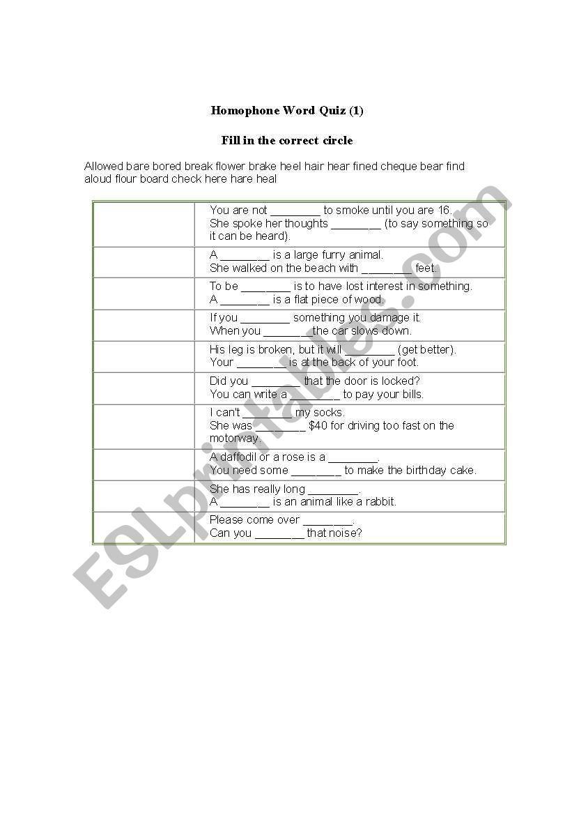 Homophone Quiz worksheet