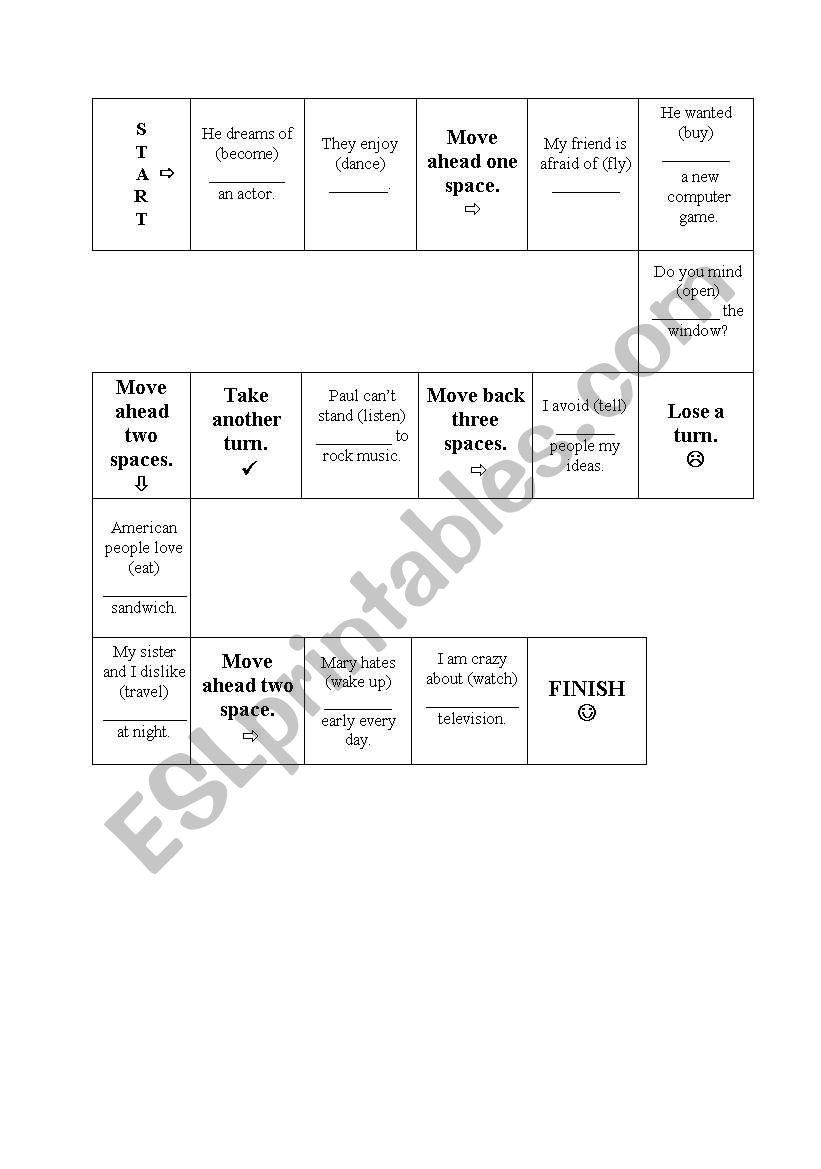 Board game - verbs followed by gerund and infinitive