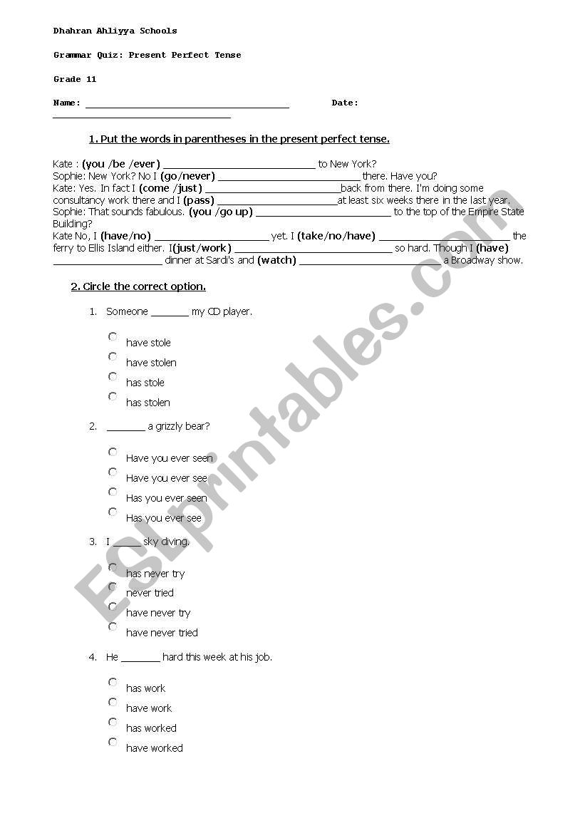 Quiz worksheet