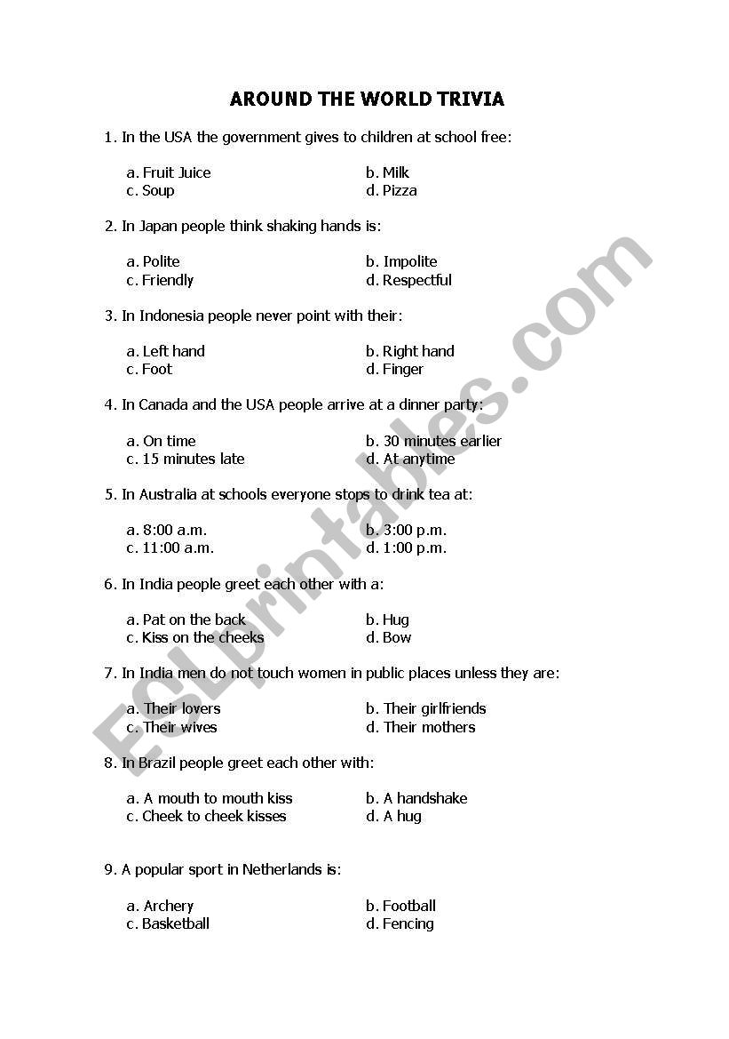 Around the world culture worksheet