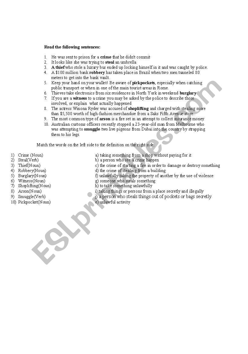 crime worksheet worksheet