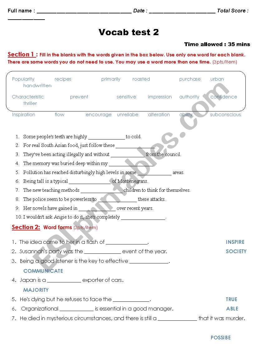 Vocab Test 2 worksheet