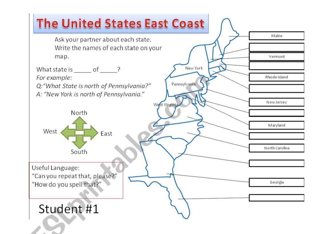 United States East Coast Information Gap Pairwork
