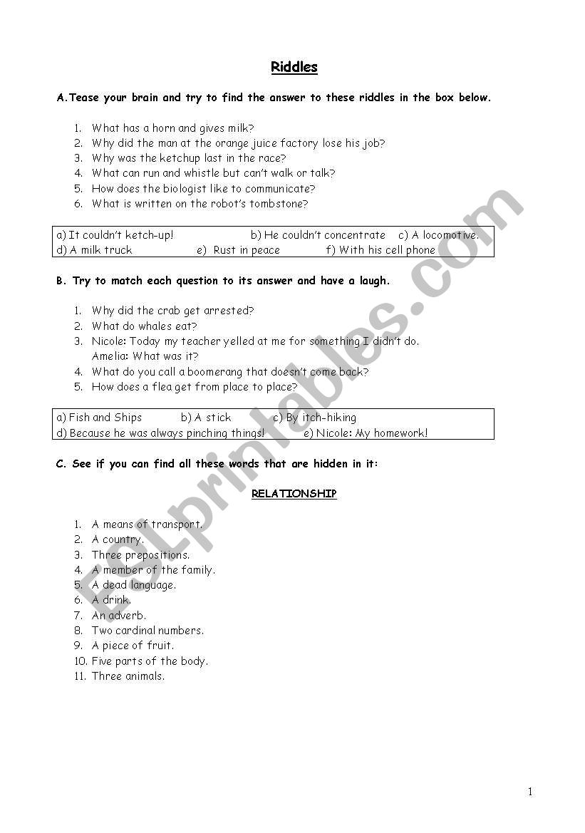 Riddles worksheet