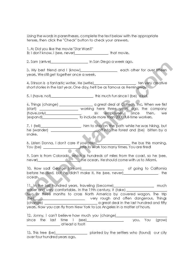 present perfect worksheet