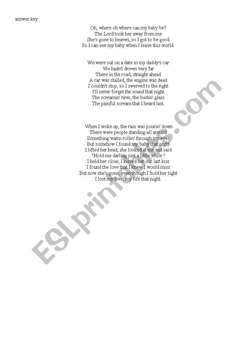 Last Kiss Lyrics - Pearl Jam general…: English ESL worksheets pdf