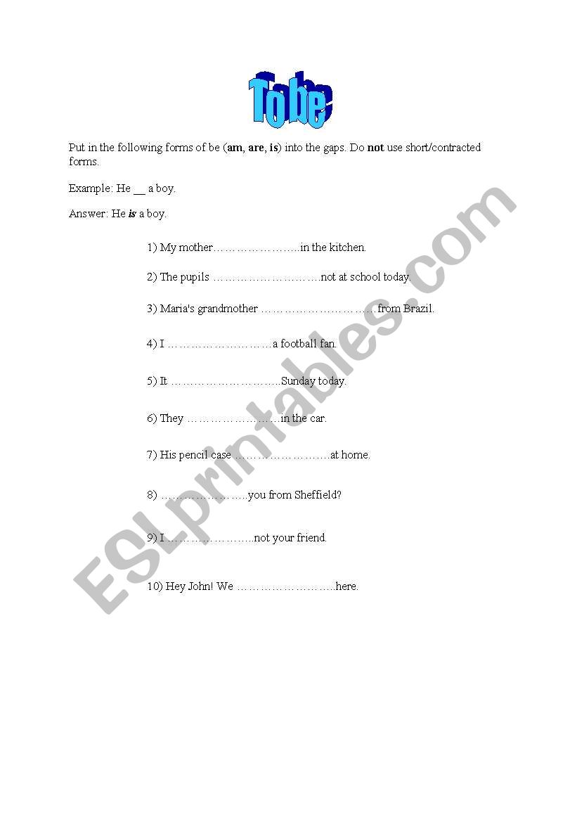Forms of to be worksheet