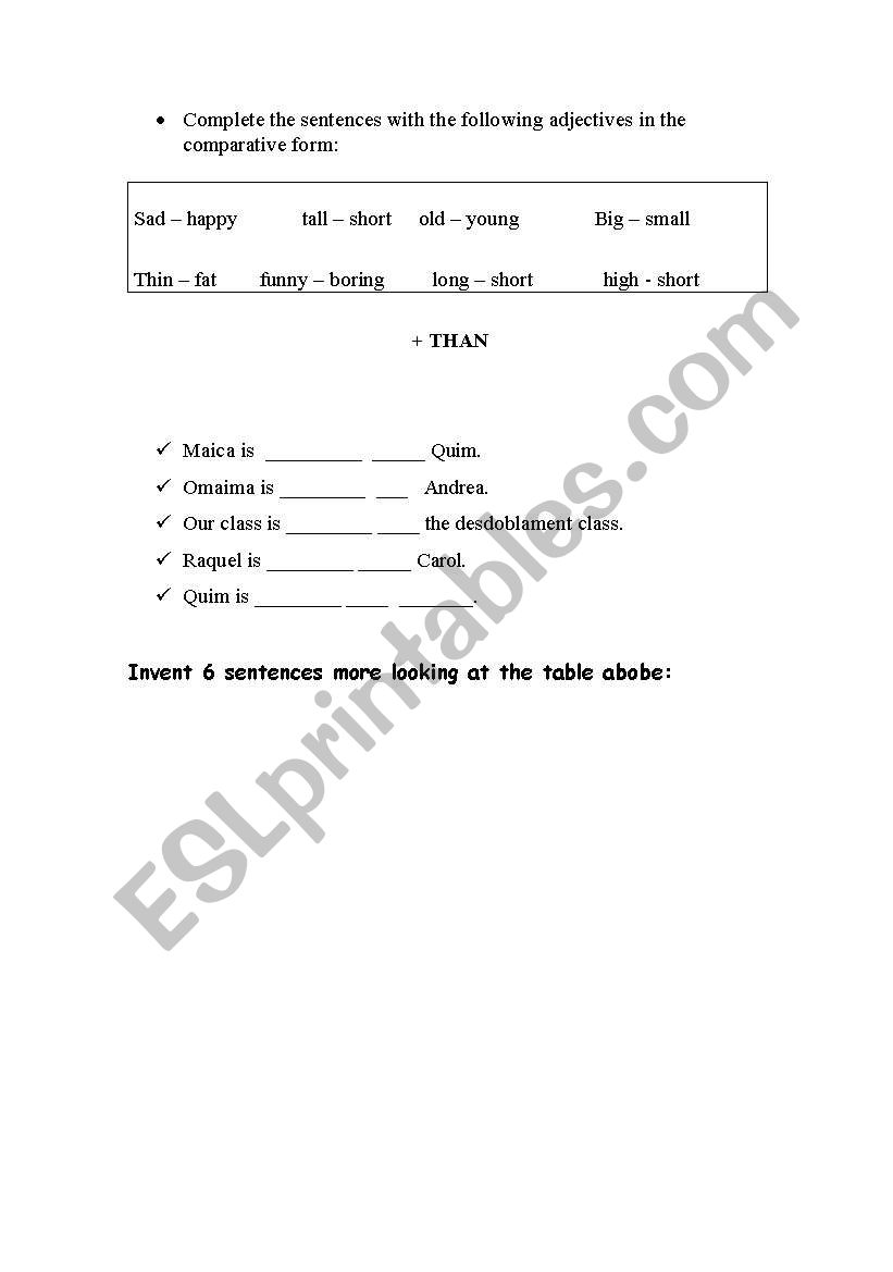 Comparative worksheet