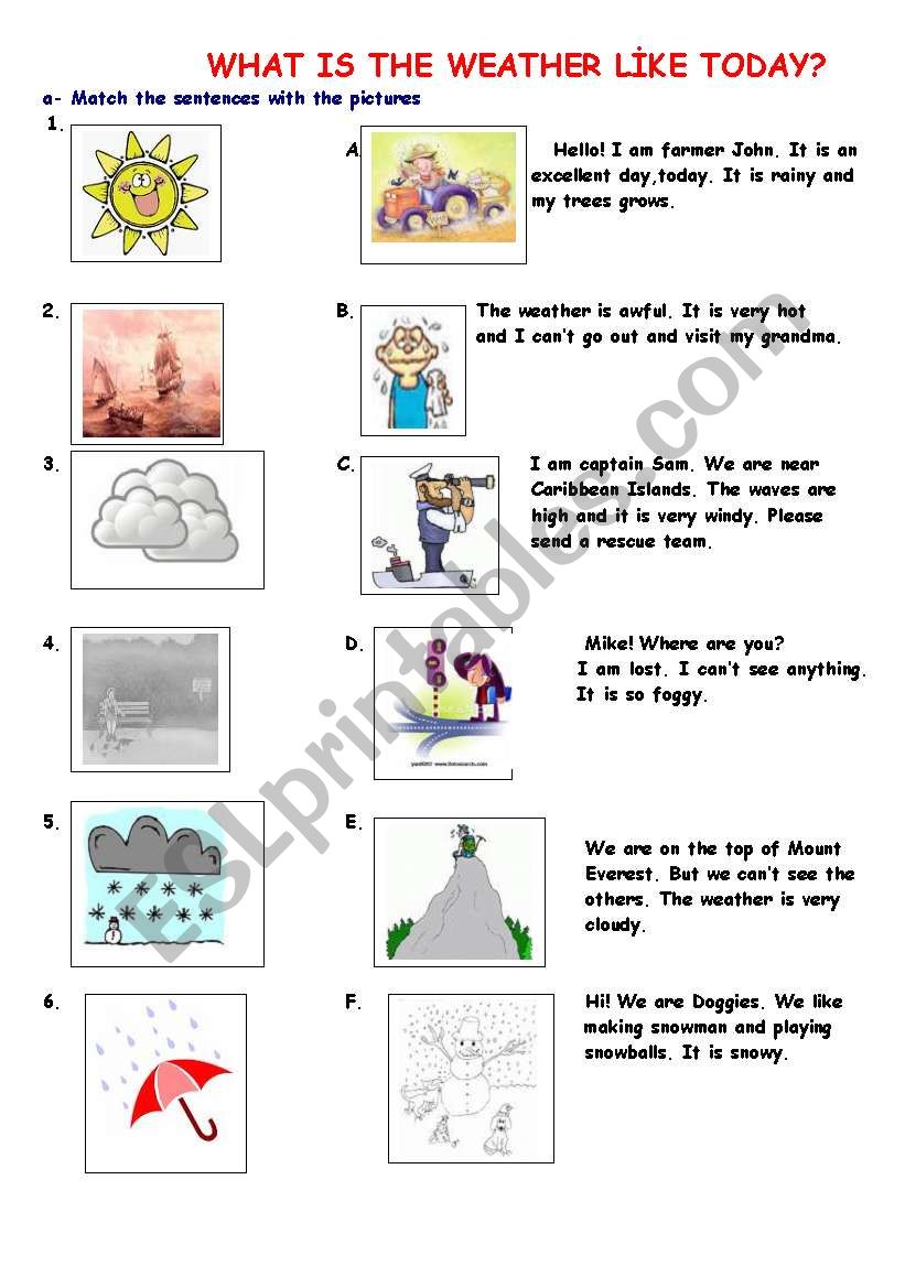 WHAT IS THE WEATHER LÝKE TODAY? - ESL worksheet by yasmi112233