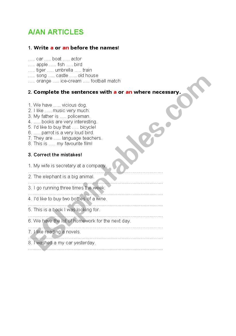 A/AN ARTICLES worksheet