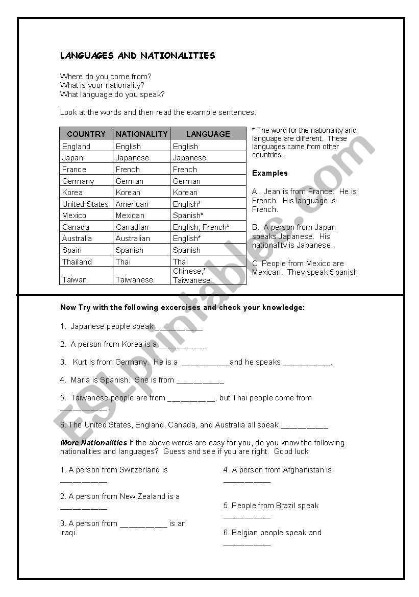 Languages and Nationalities worksheet