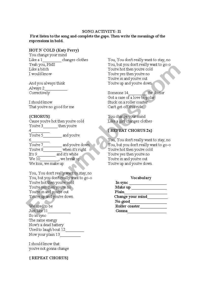 Song activity worksheet