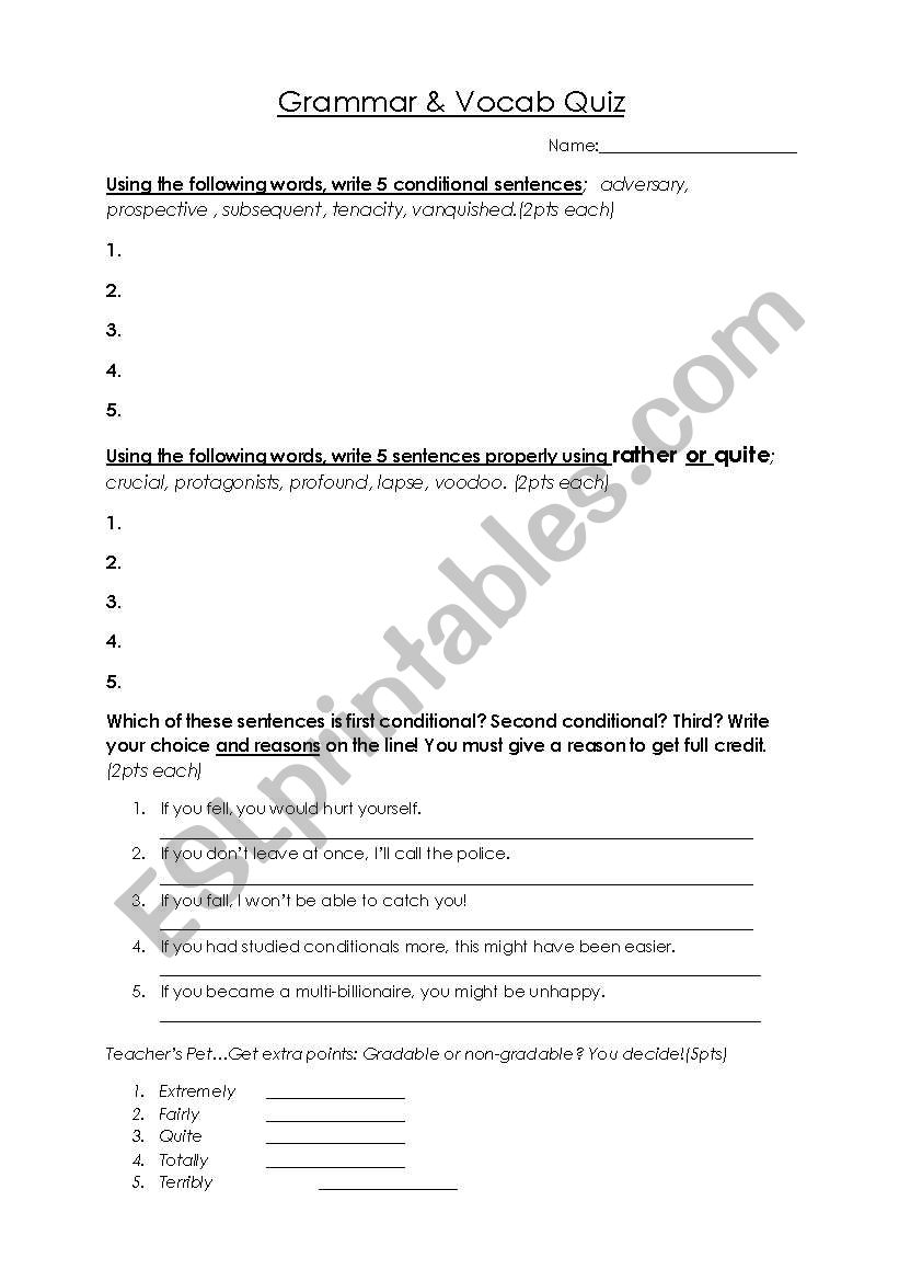 Conditionals and vocab Grammar Quiz