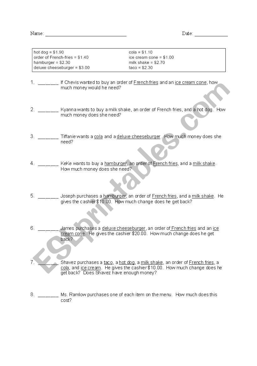 Math Review worksheet