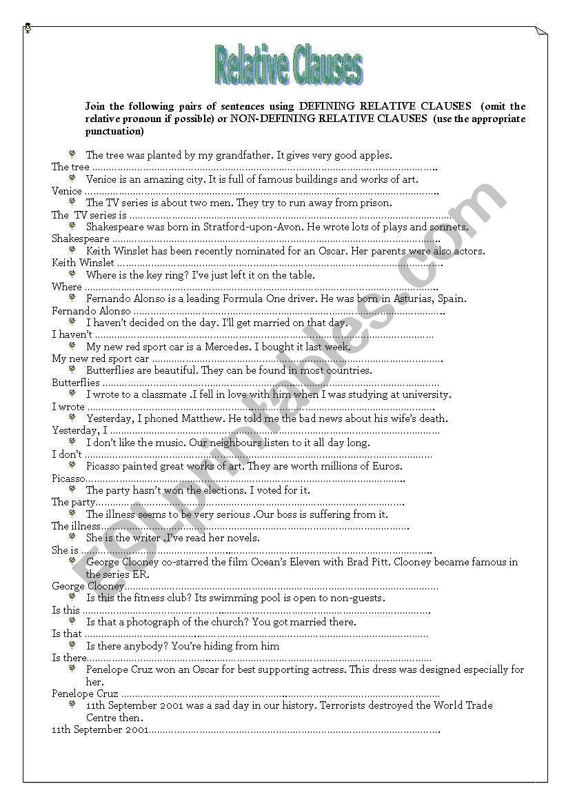  Defining And Non Defining Relative Clauses Exercises Exercise Poster