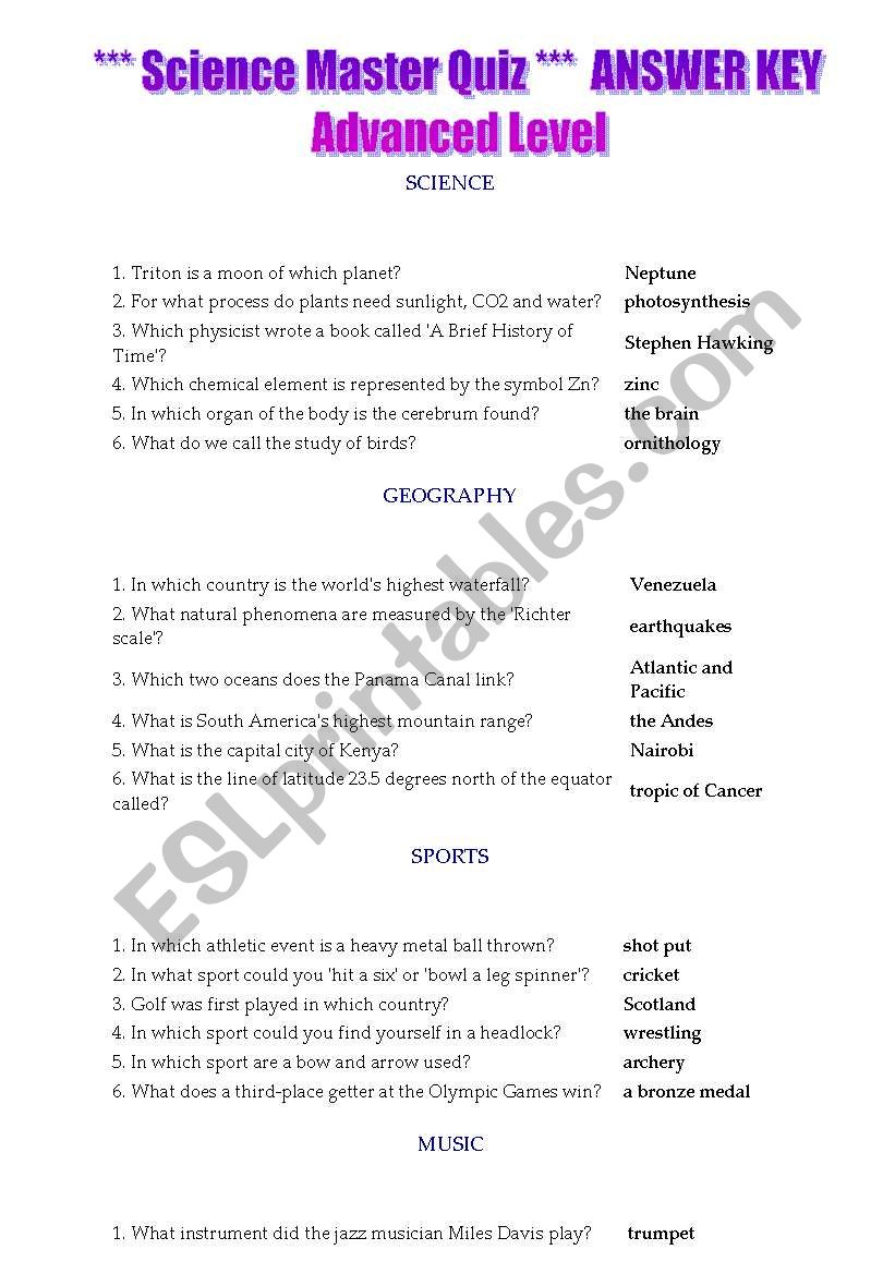 Science Master Quiz ADV - AK worksheet