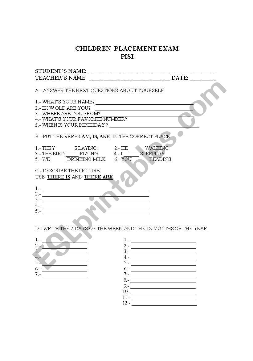 children placement exam worksheet