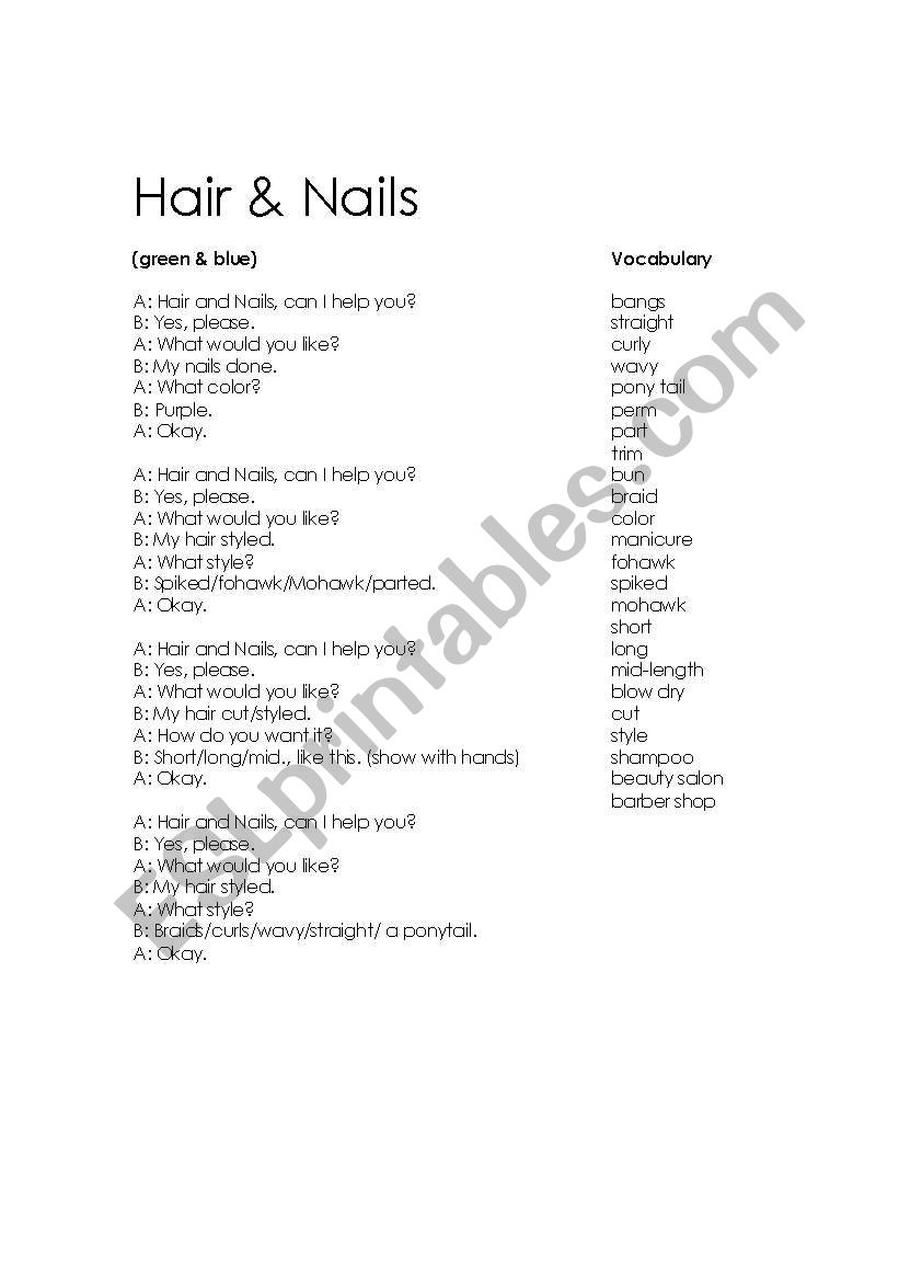 hair and nails worksheet