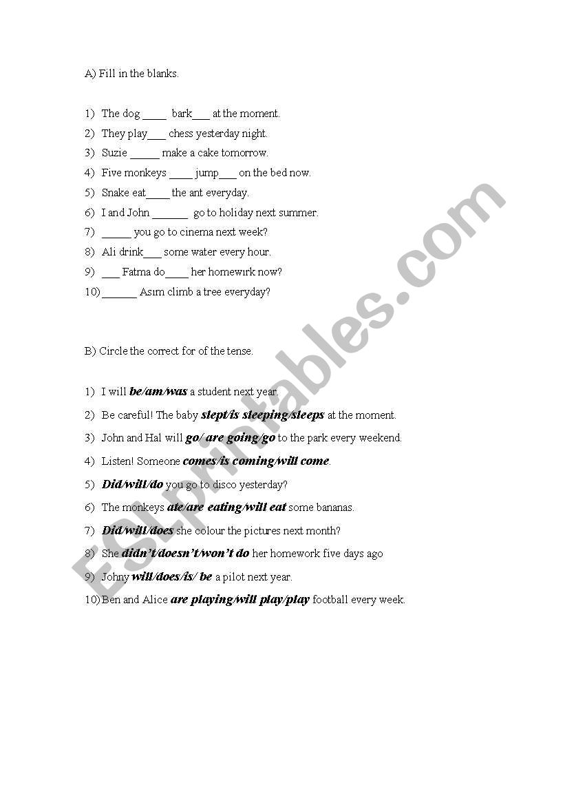 exercises on past simple, future tense, present continious tense and present tense