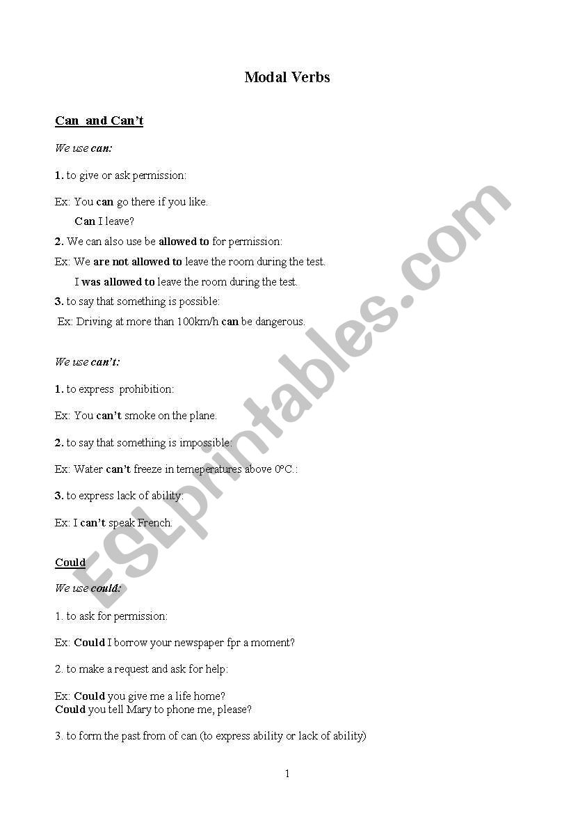 Model Verbs worksheet