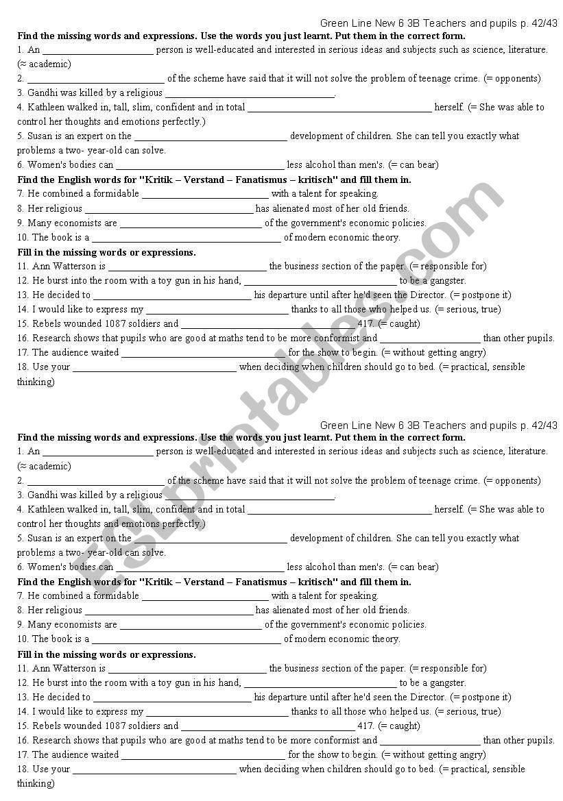 Green Line 6 Topic 3B p. 42_43 Vocabulary Sheet