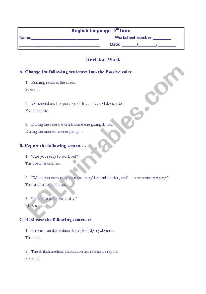 Revision work worksheet