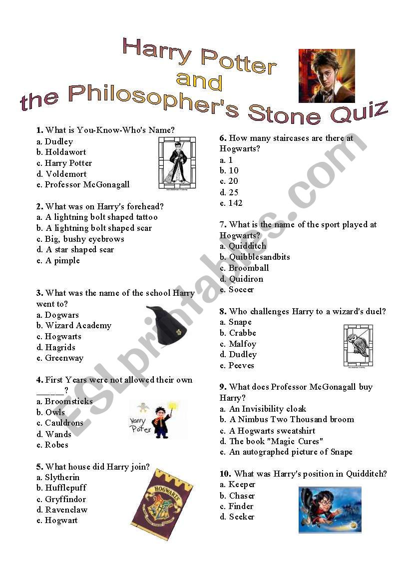 Harry Potter and the Philosopher´s Stone quiz - ESL worksheet by meuge