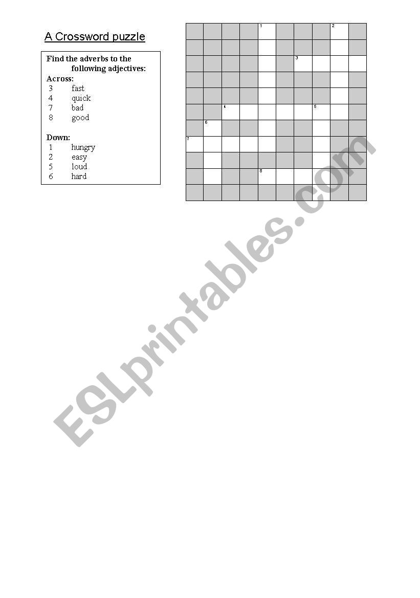 Crossword adverbs worksheet