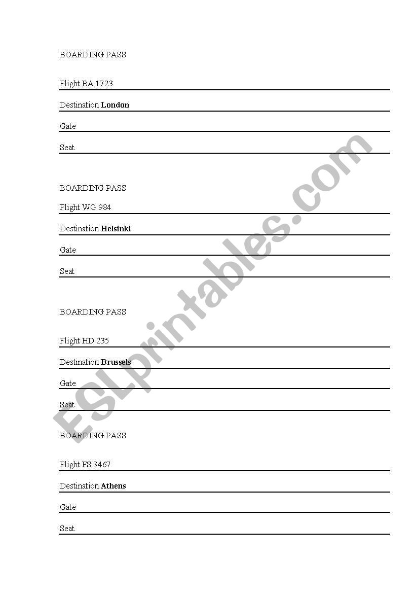 boarding cards worksheet