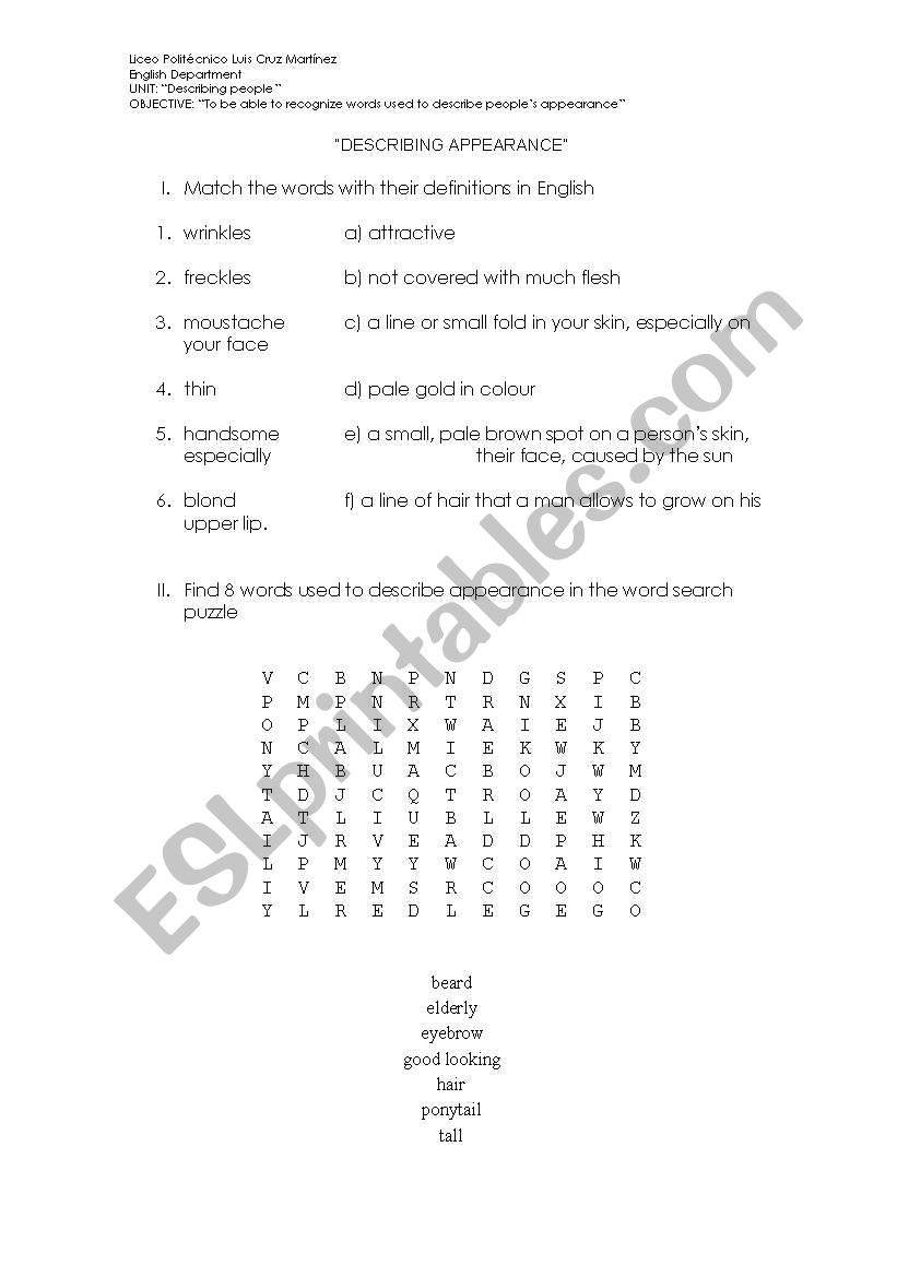 Describing appearance worksheet