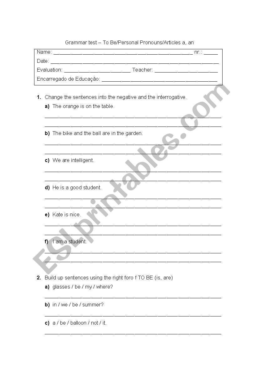 Grammar test worksheet