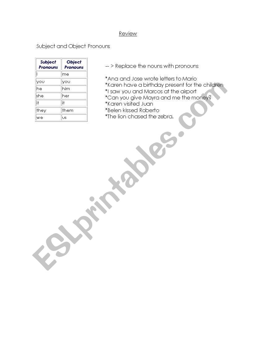 Subject and Object Pronouns worksheet