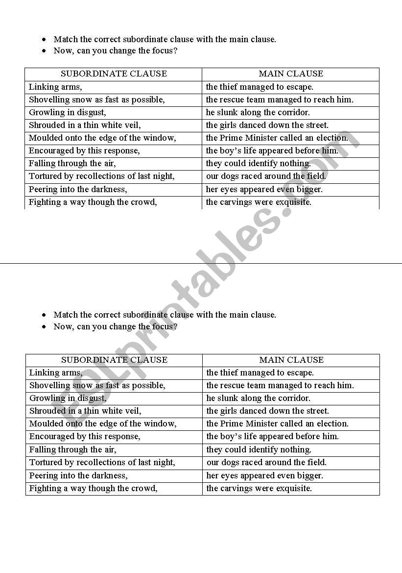 English Worksheets Subordinate Clauses