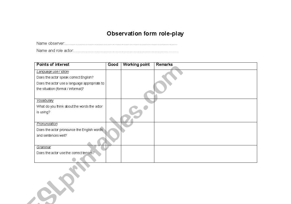 Observation form worksheet