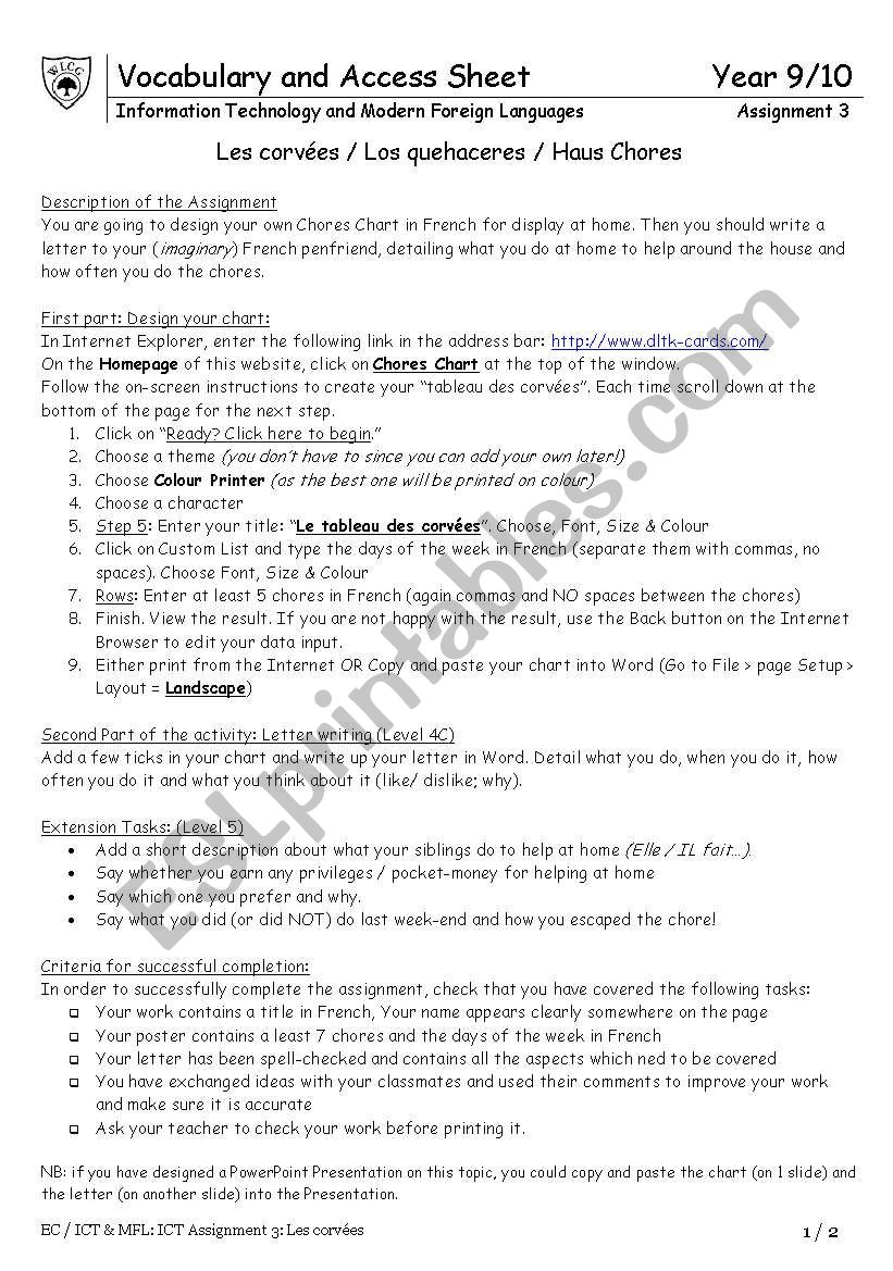 ICT Assignment Chores worksheet