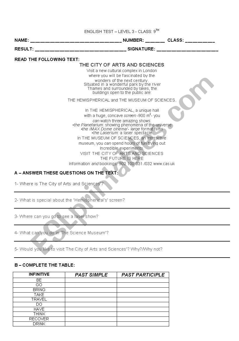 English TEst 9th grade worksheet