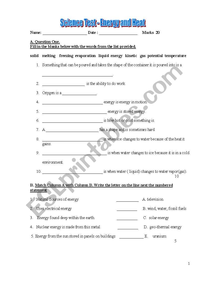 Heat Test Worksheet worksheet