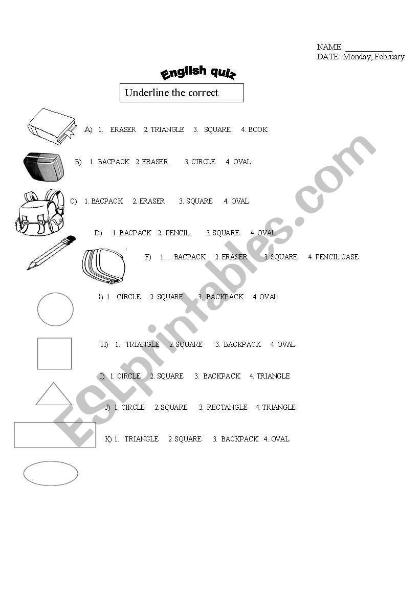classroom objects  worksheet