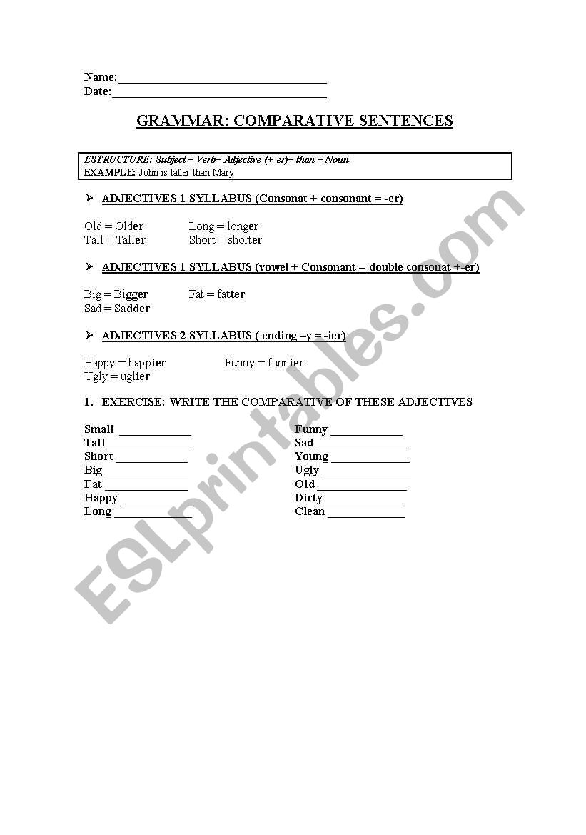 COMPARATIVE SENTENCES worksheet