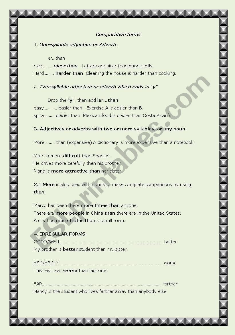 Comparative forms worksheet