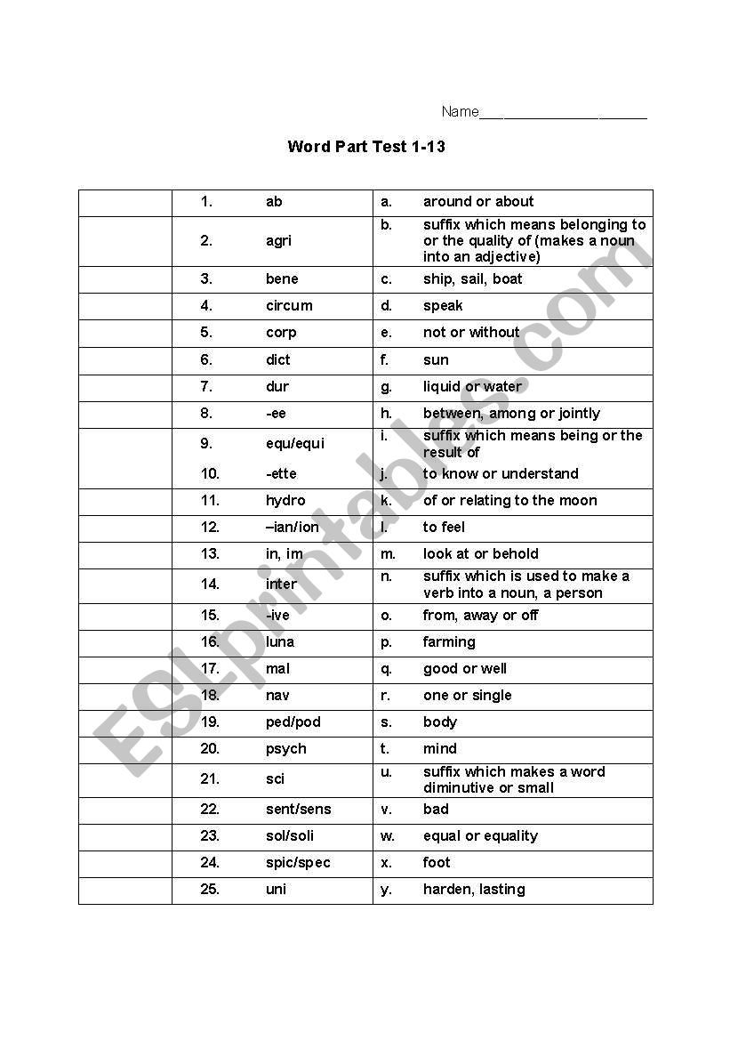 Review Quiz for Kansas Assessment 8th Grade Word Parts